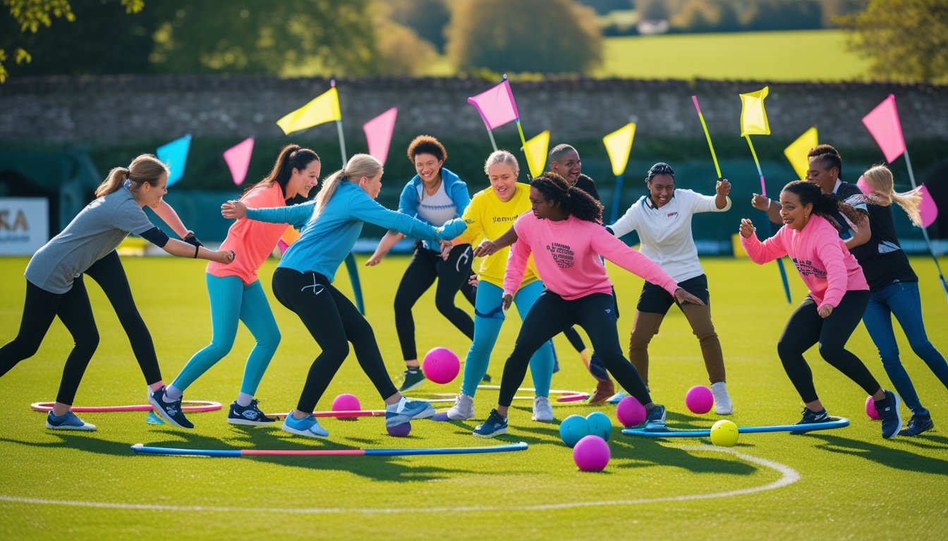 A diverse group of people playing creative team sports together on a green outdoor field in the UK.