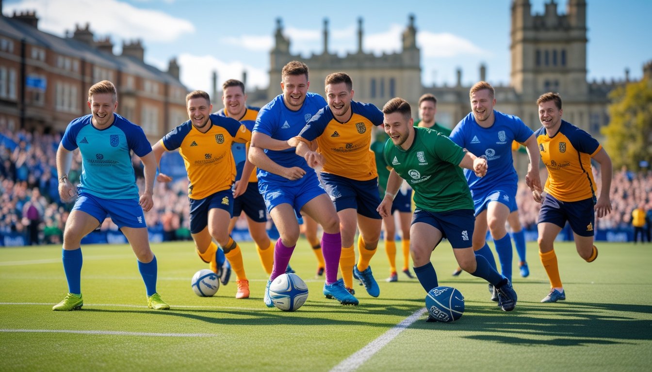 A group of athletes playing football, rugby, and cricket on an outdoor sports field with spectators watching in the background.
