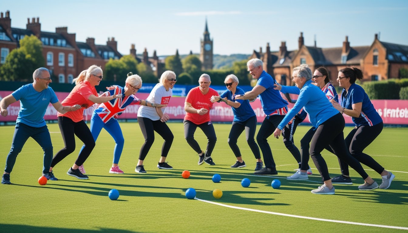 A diverse group of adults playing a creative team sport together outdoors on a green field in the UK.