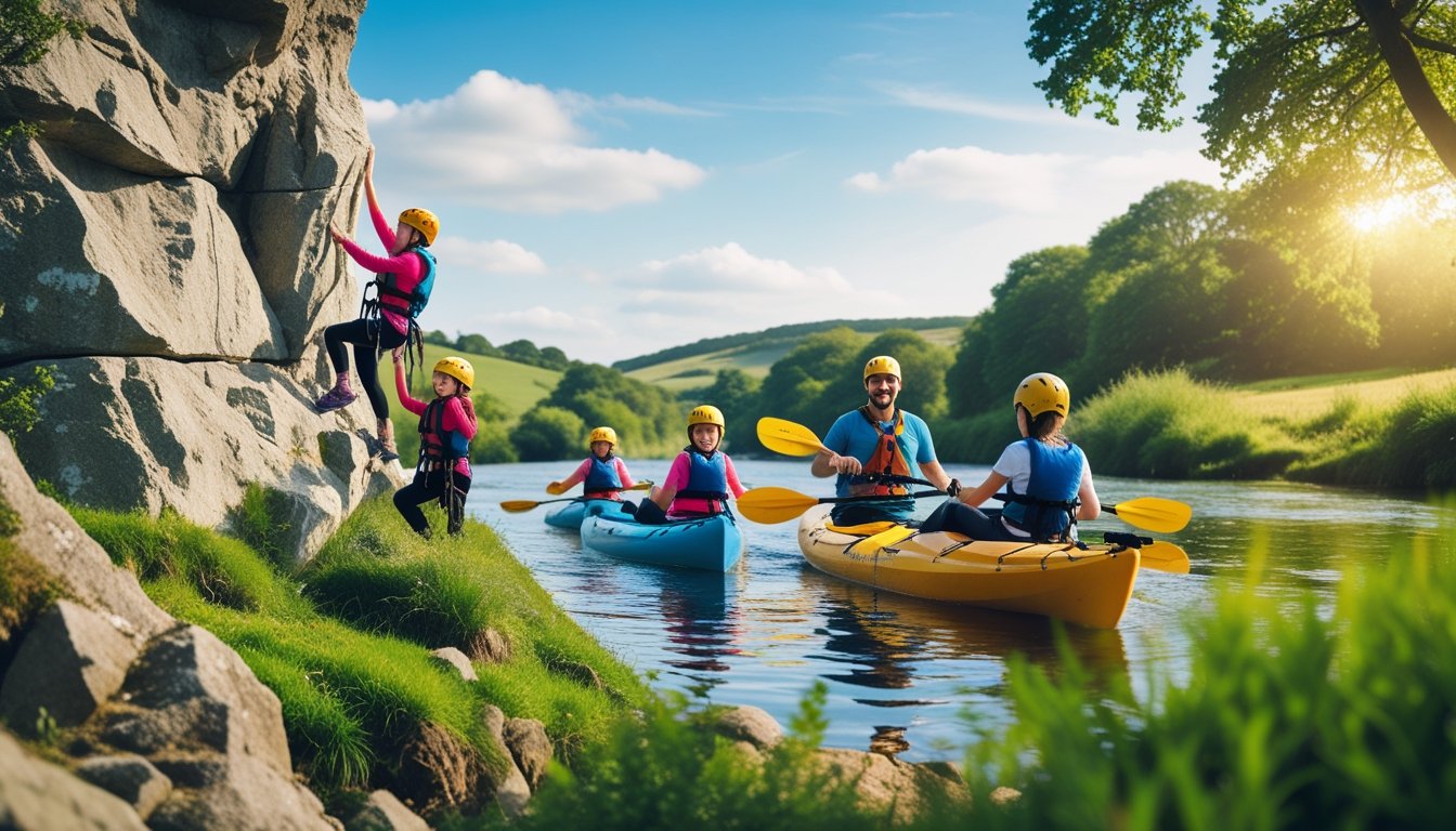 A family enjoying outdoor adventure sports in the UK countryside, including rock climbing, kayaking, and hiking together.