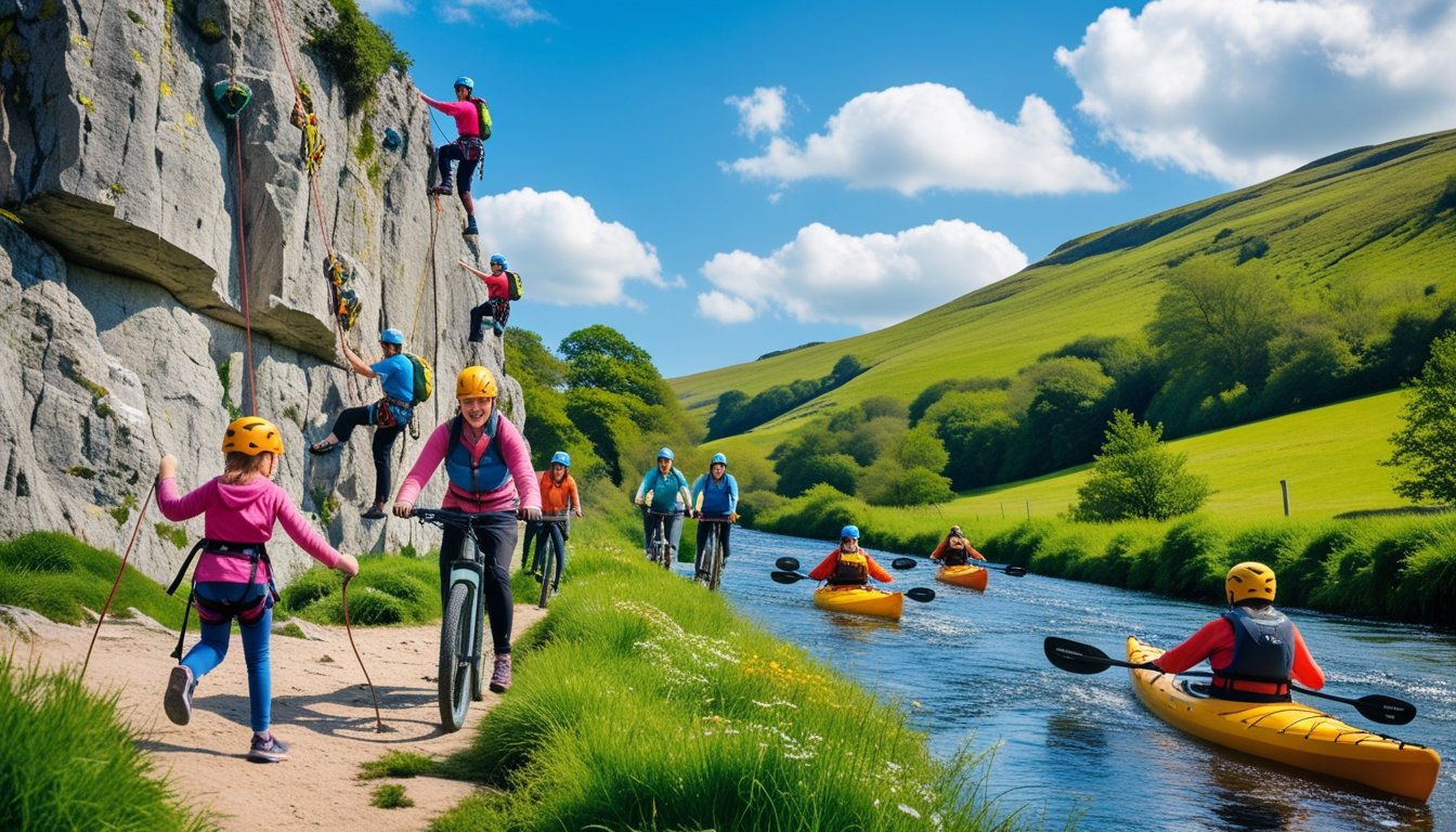 A UK family enjoying outdoor adventure sports including rock climbing, mountain biking, and kayaking in a green natural landscape.