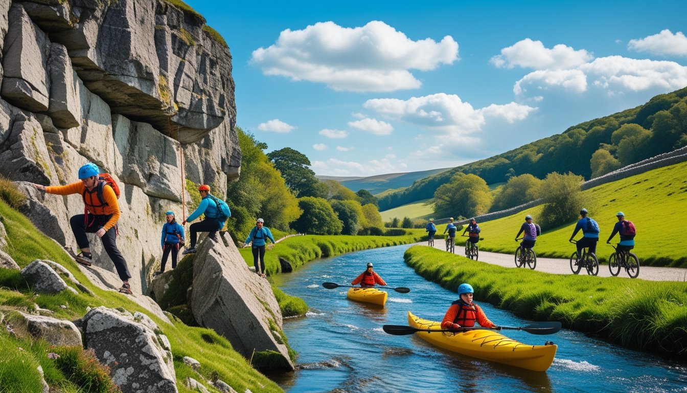 People enjoying outdoor adventure sports like rock climbing, mountain biking, kayaking, and hiking in a green UK countryside landscape.