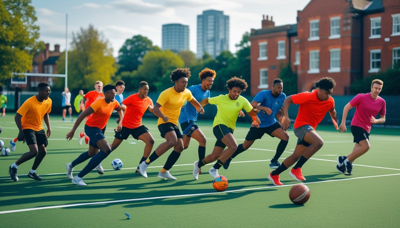 A diverse group of young adults playing football, rugby, and basketball together on an outdoor sports field in the UK.