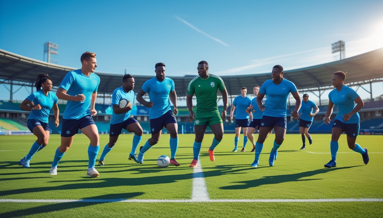 A group of athletes playing football, rugby, and cricket together on a sunny outdoor sports field.