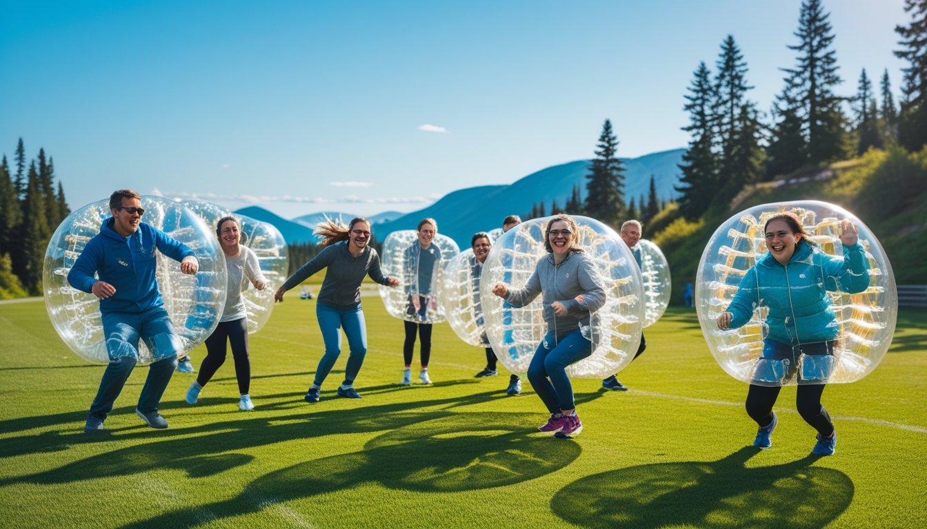 People wearing large inflatable bubble suits playing and bumping into each other on a green field with trees and mountains in the background.