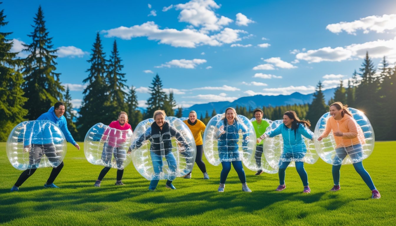 A group of people wearing inflatable bubble suits playing and bumping into each other on grass in a park with trees and mountains in the background.