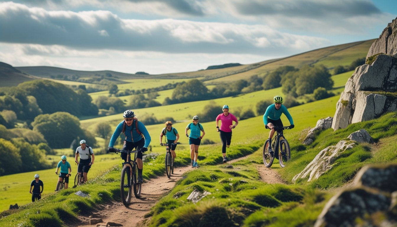 A group of people participating in outdoor sports like mountain biking, trail running, and rock climbing in a green countryside with hills and a partly cloudy sky.