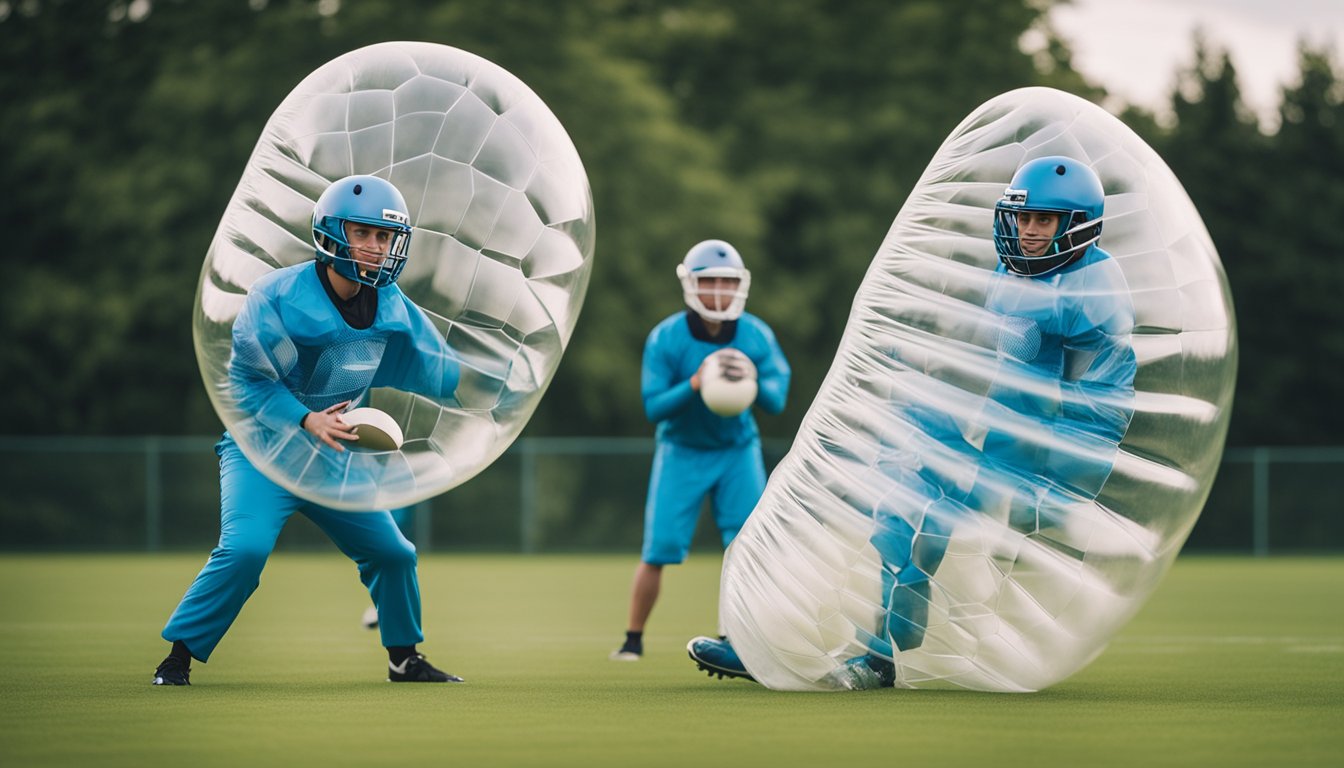 Players in bubble suits practice advanced techniques on a grass field, bumping and bouncing off each other while maintaining control of the ball