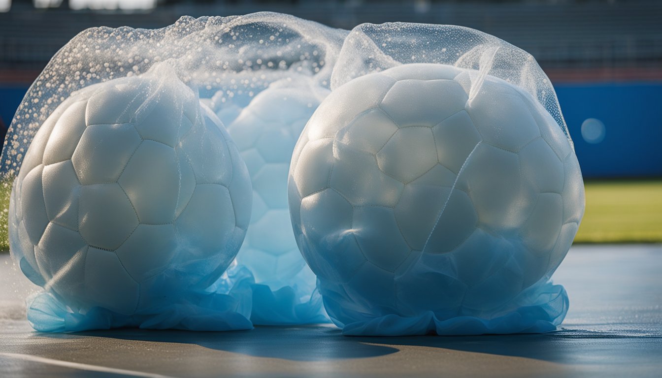 Bubble football equipment being cleaned with soapy water and a soft cloth, then left to air dry