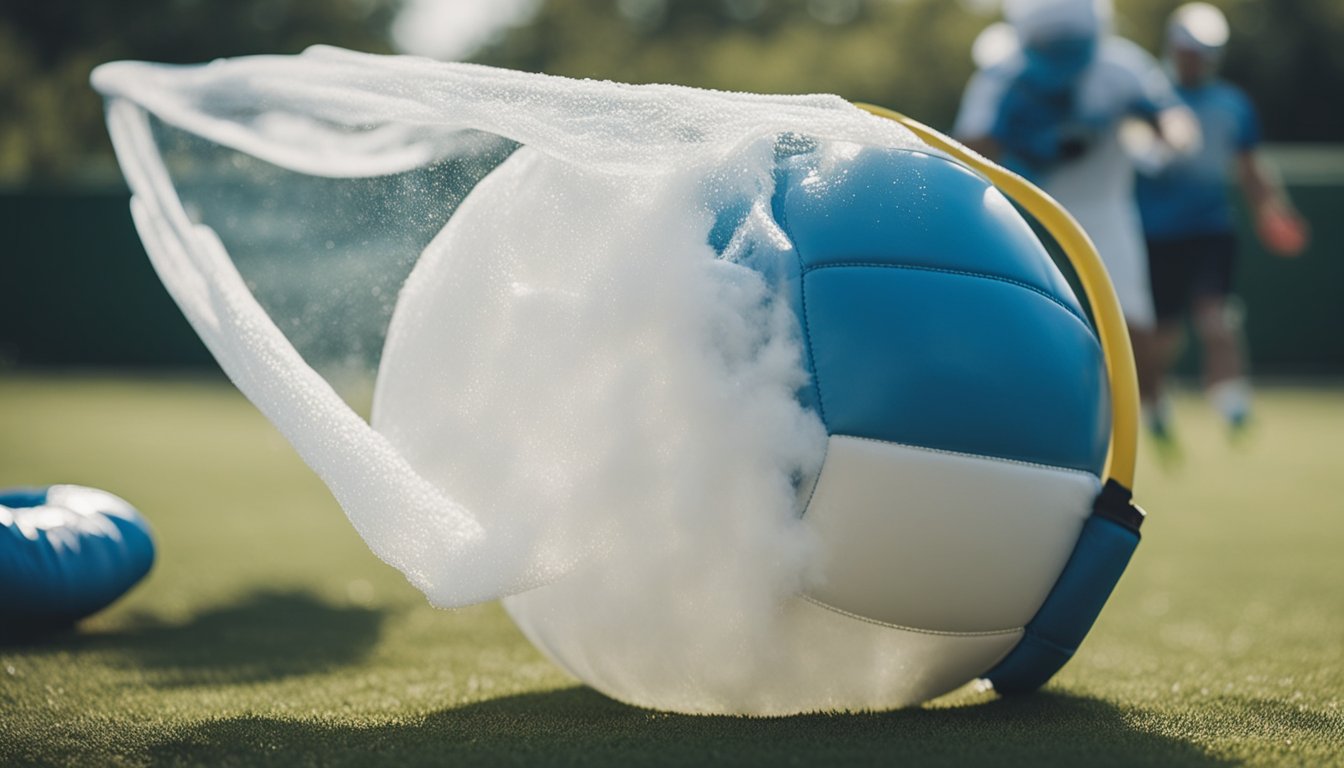 Bubble football equipment being cleaned with soapy water and a cloth, then dried with a towel. Gloves and masks are worn for safety