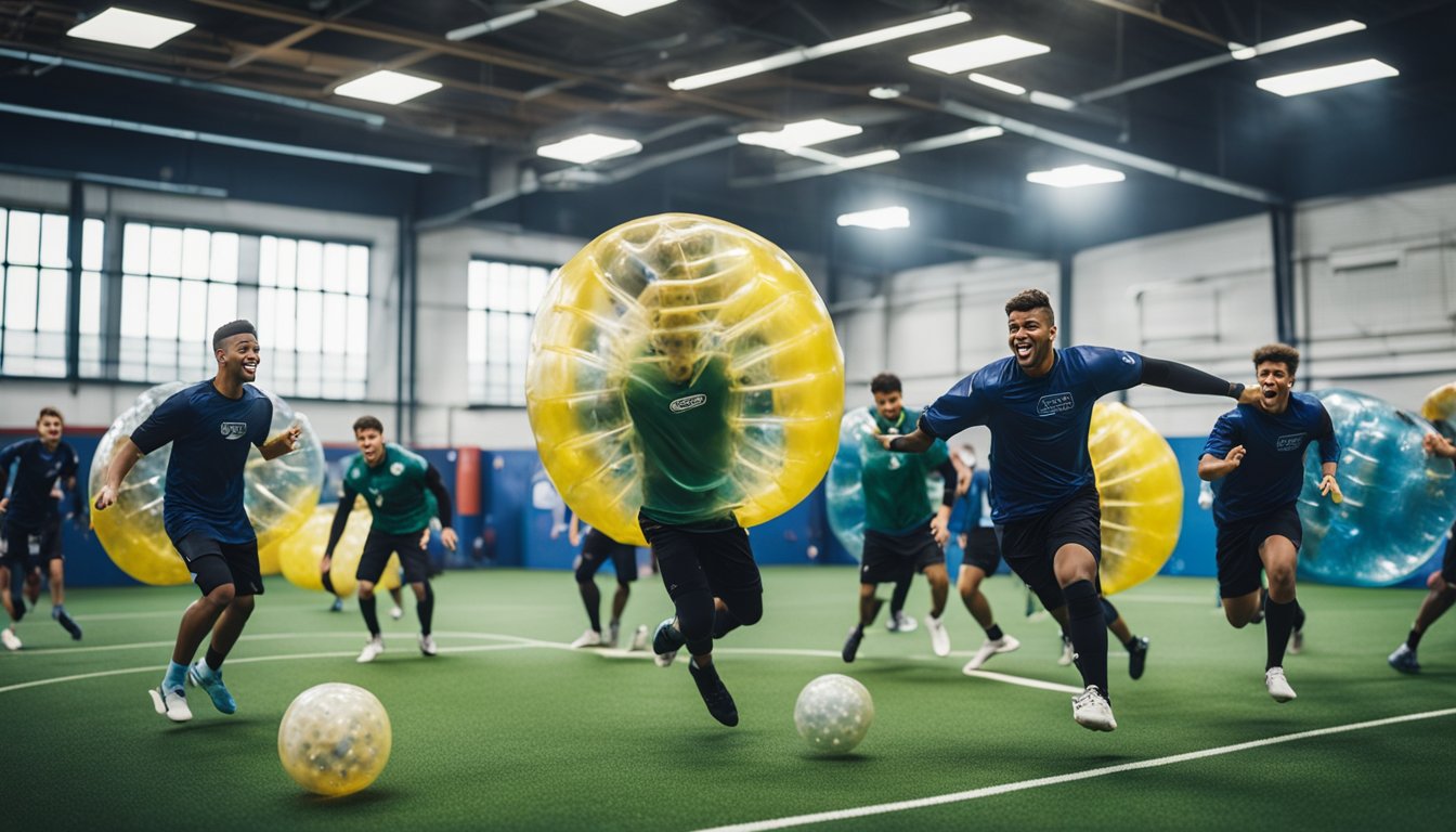 A group of bubble football players collide and bounce around in an indoor sports venue in London, surrounded by cheering spectators