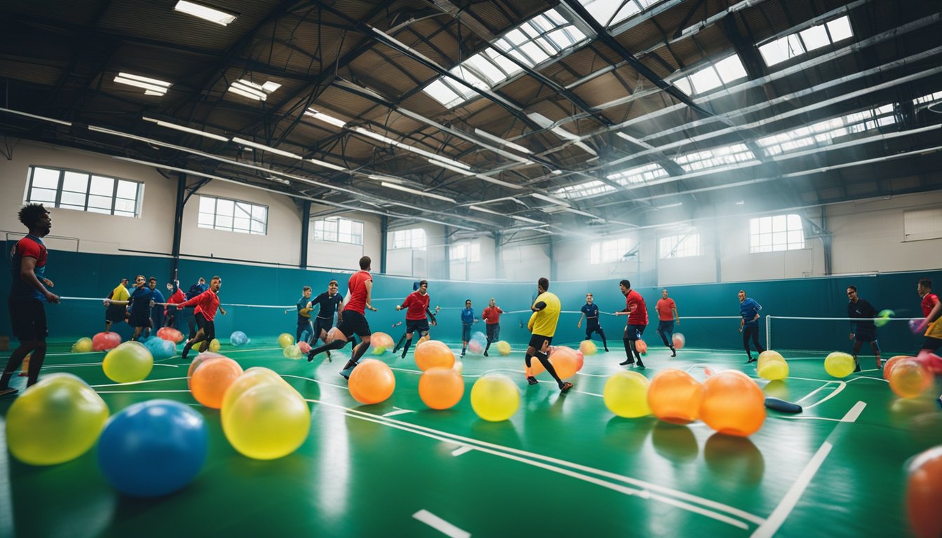 A group of people playing bubble football in a spacious, indoor venue in London, with colorful inflatable bubbles and goalposts visible