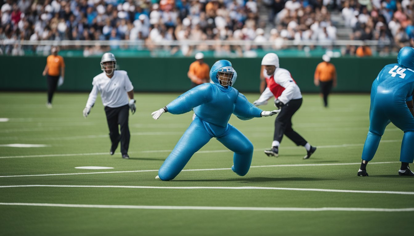 Players in bubble suits safely colliding on a padded field with referees and spectators watching from a distance