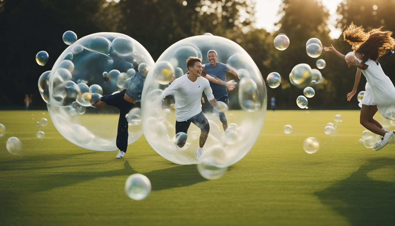 Players in inflated bubbles collide and bounce on a grass field, laughing and cheering. Some do somersaults in the air, while others chase the ball