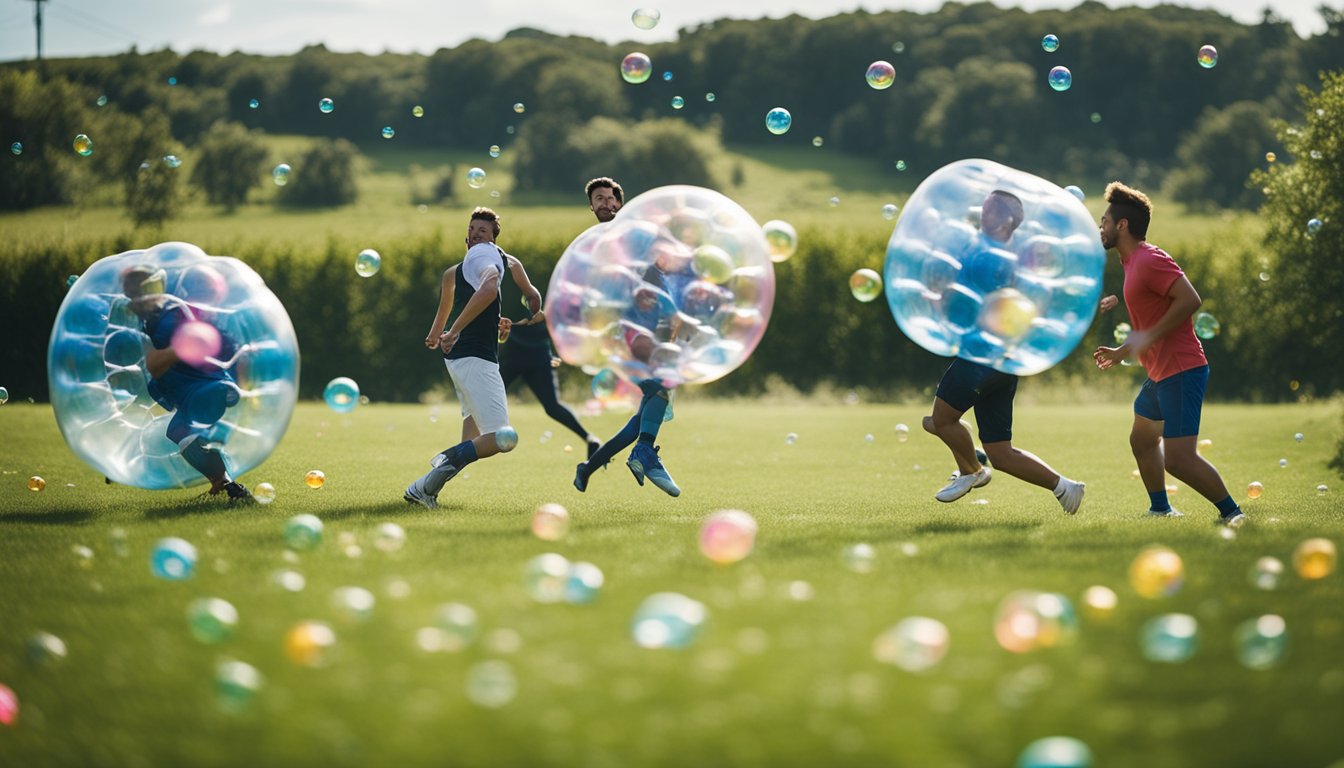 A group of people playing bubble football in a grassy field, with colorful bubbles bouncing and colliding as they run and laugh