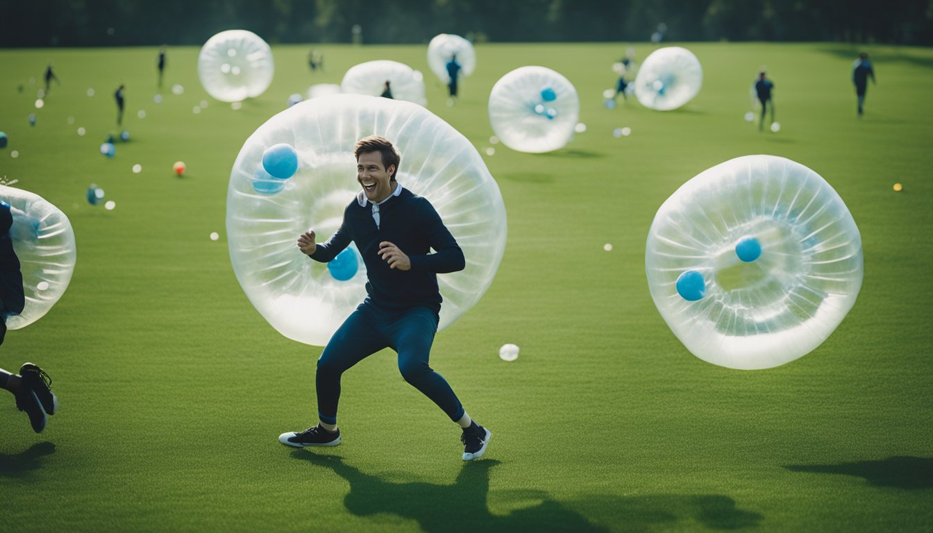 Players in inflatable bubbles collide and bounce around a grassy field, laughing and having fun