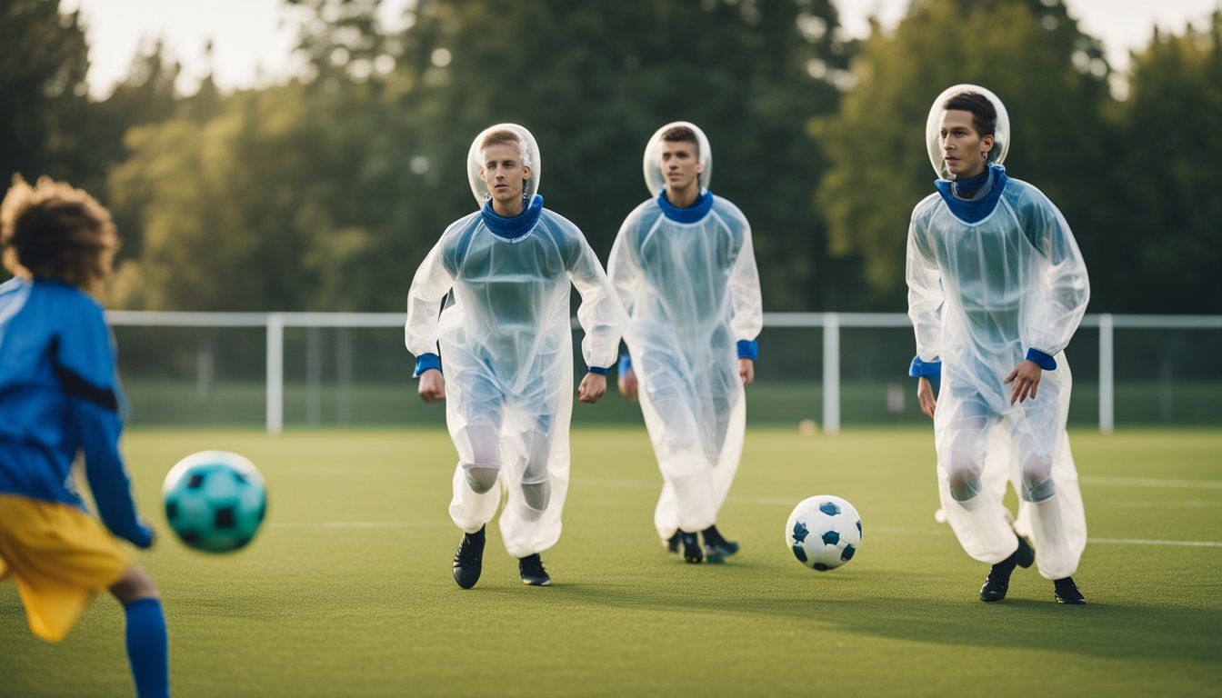 Players in bubble suits play soccer on a school field, bouncing and colliding in a fun and safe game