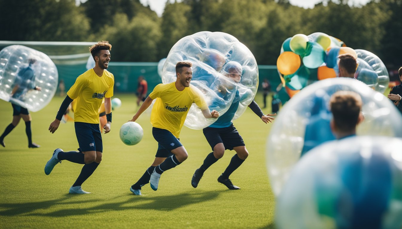 A group of players in bubble football gear engage in a lively match on a grassy field, surrounded by cheering spectators and colorful banners