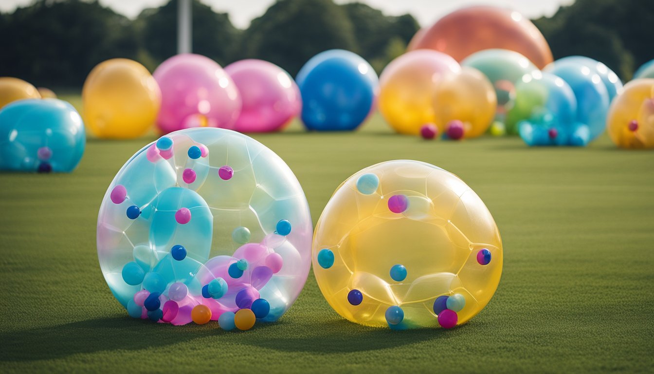 A group of colorful bubble football equipment laid out on a grassy field, including inflated bubbles, goal posts, and protective gear