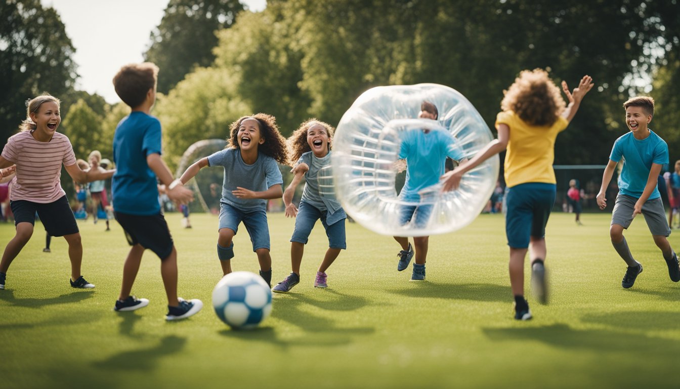 Children and adults laugh and collide in a local park, playing bubble football. Families cheer from the sidelines, creating a lively, inclusive atmosphere