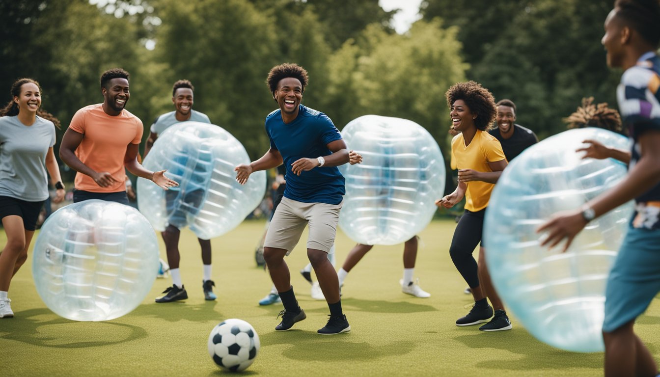 A group of diverse community members playing bubble football in a local park, laughing and interacting with each other. The game is drawing in spectators and creating a lively, inclusive atmosphere