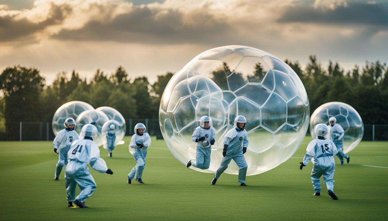 A group of people in bubble suits playing soccer on a grass field with company logos in the background