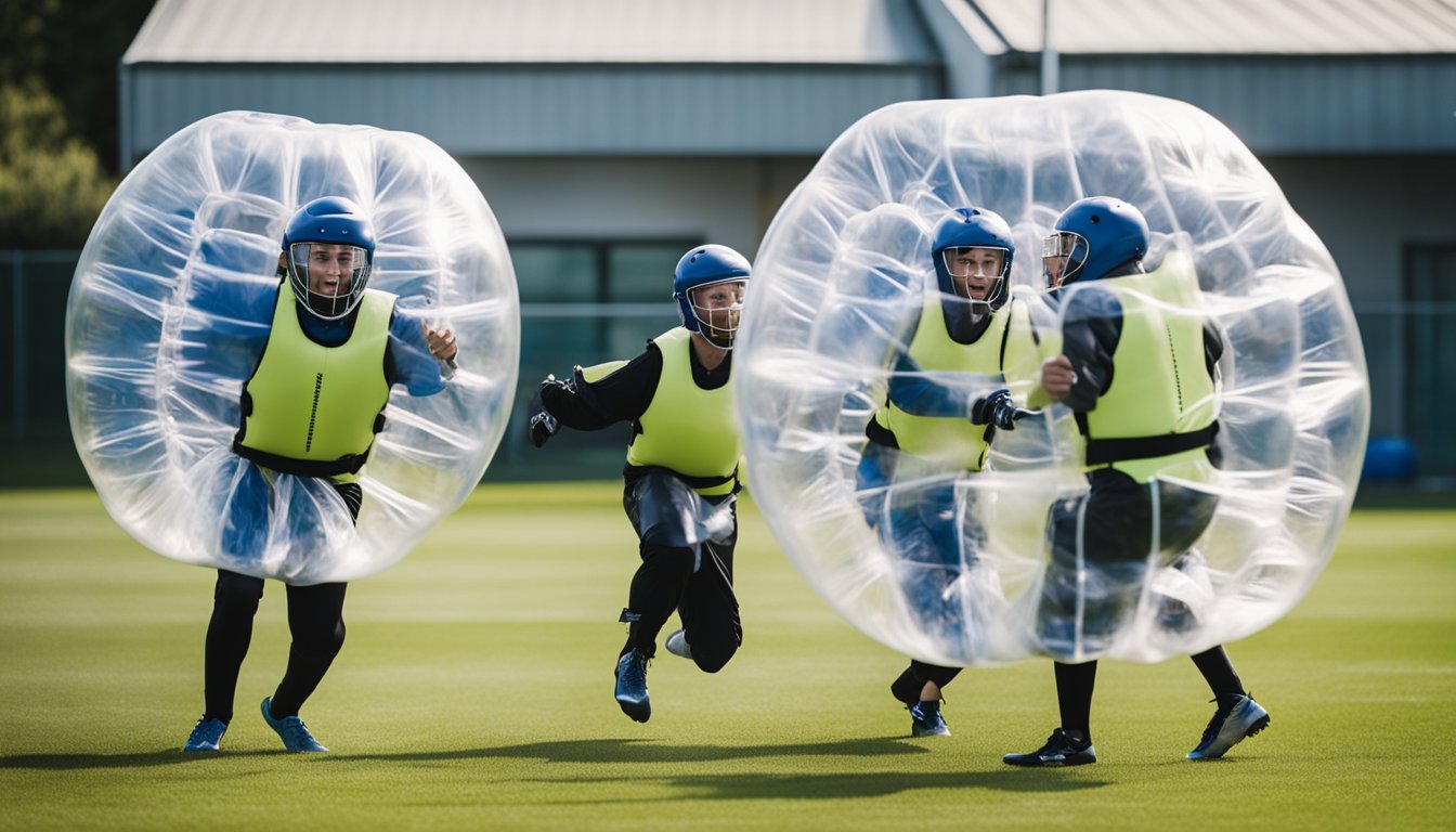 Players in bubble suits collide and bounce around a field, laughing and cheering, as they engage in a lively game of bubble football for corporate team building