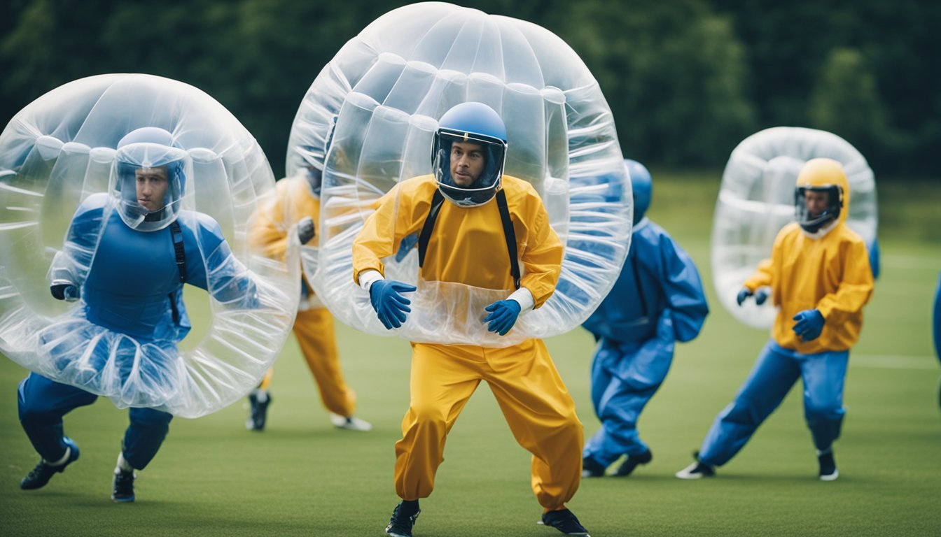 A group of people in bubble suits playing football in a corporate team-building event