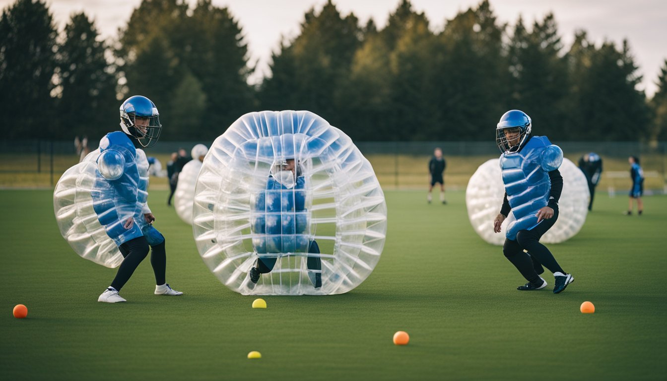 Players strategize on a grass field, wearing bubble suits. A ball is in play as they engage in a game of bubble football