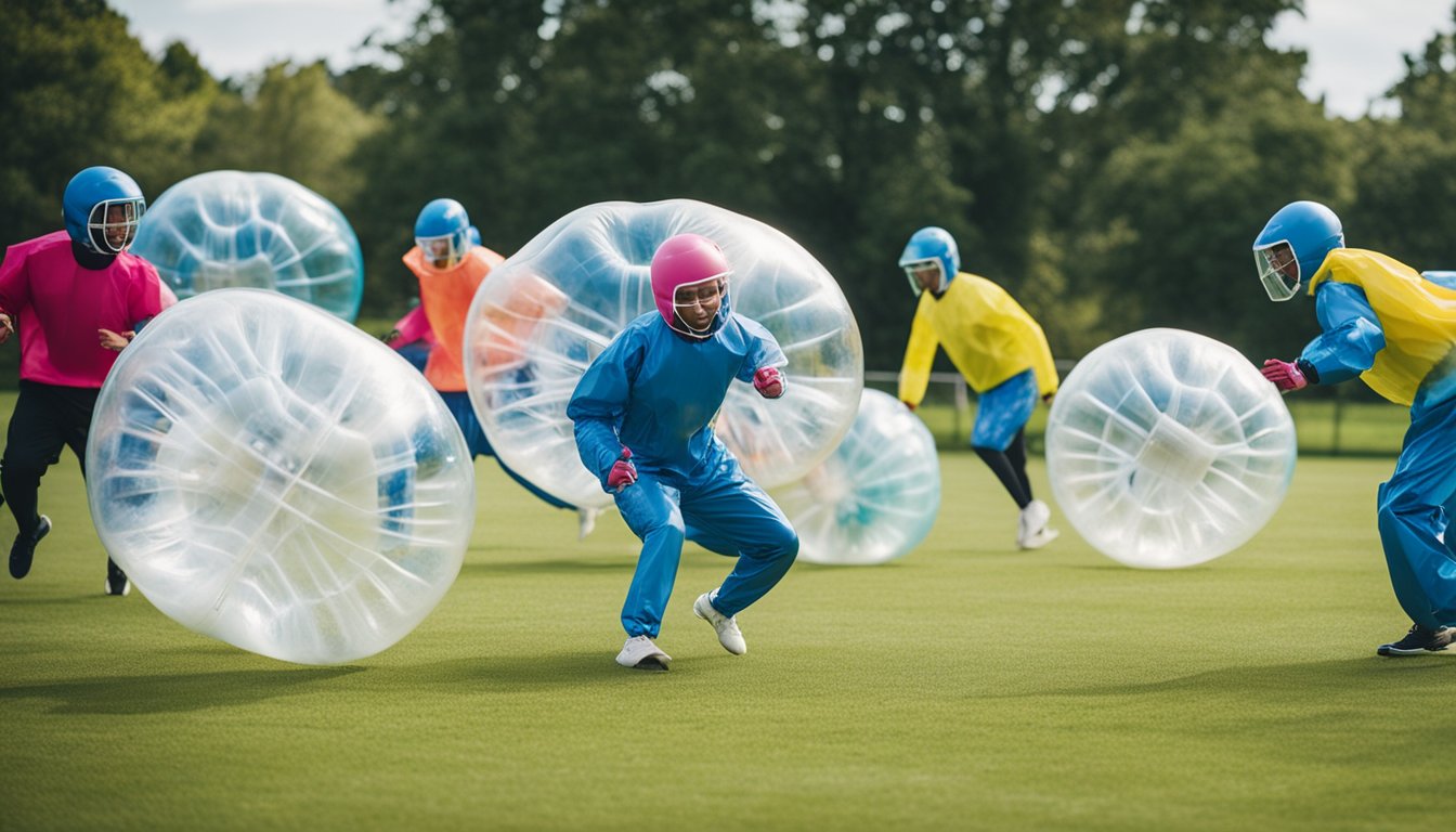A group of players in bubble suits engage in a fun and energetic workout routine on a grassy field, bouncing and colliding with each other while playing bubble football