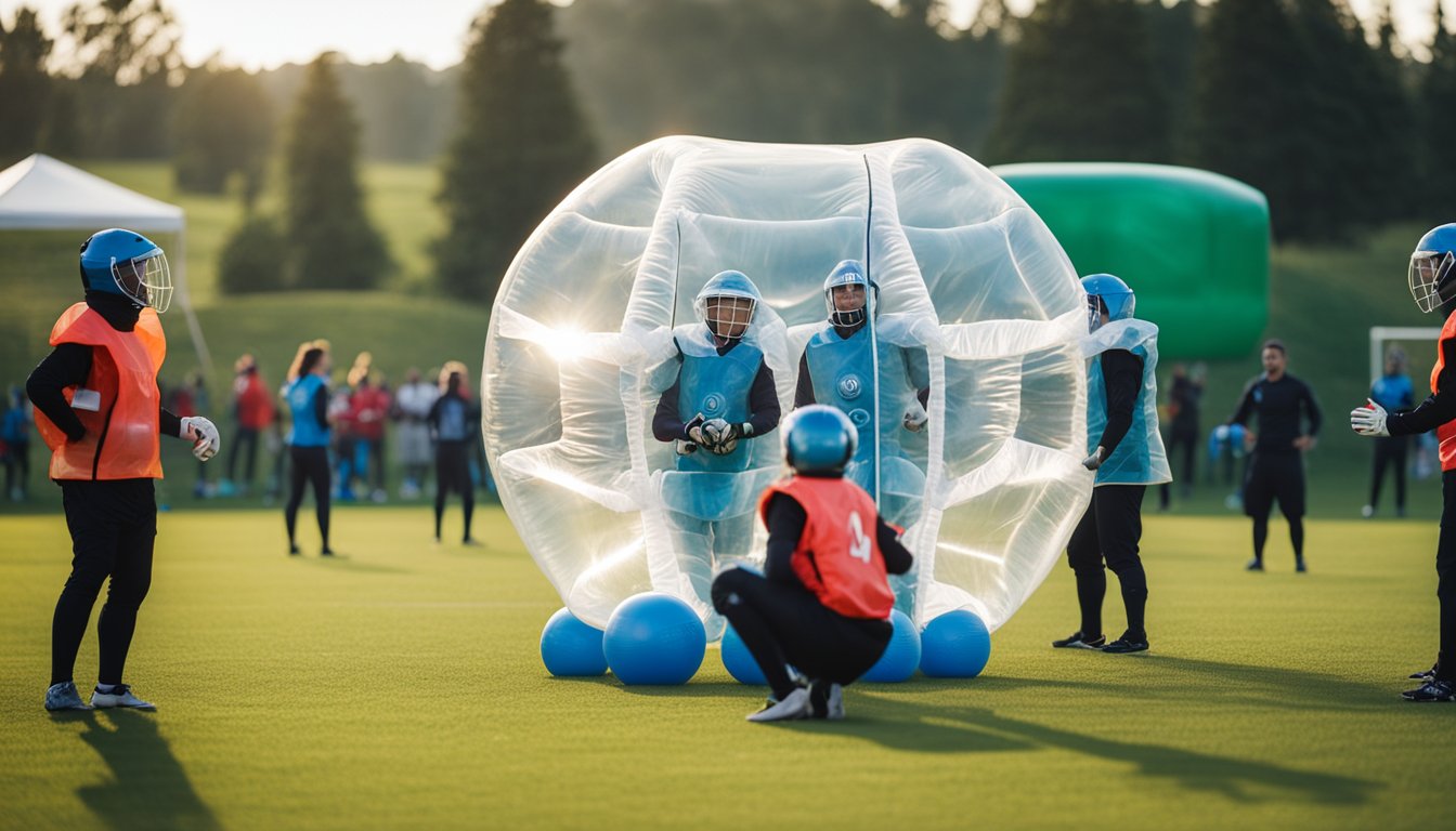 Players in bubble suits strategize on a grassy field, ensuring safety and fun while playing bubble football
