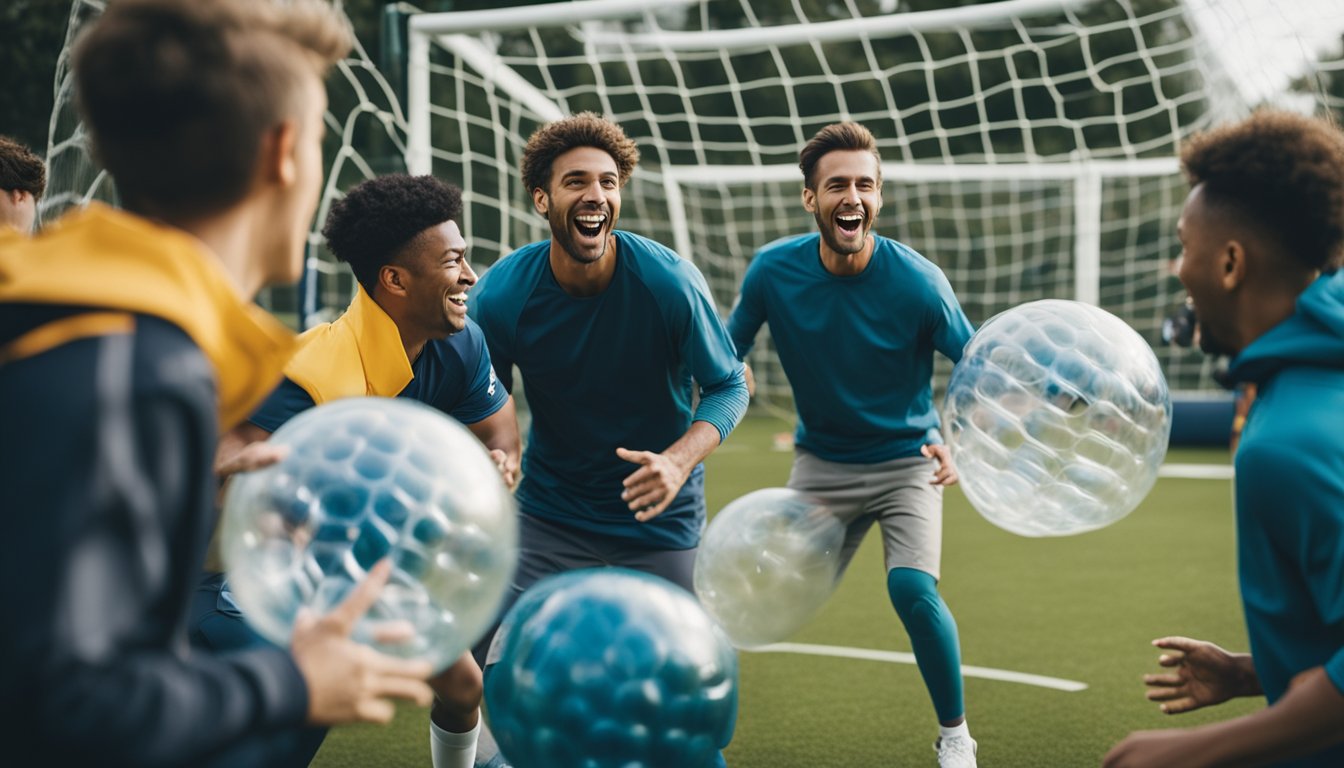 A group of people playing bubble football, bumping into each other and laughing, while a coach gives tips and answers frequently asked questions