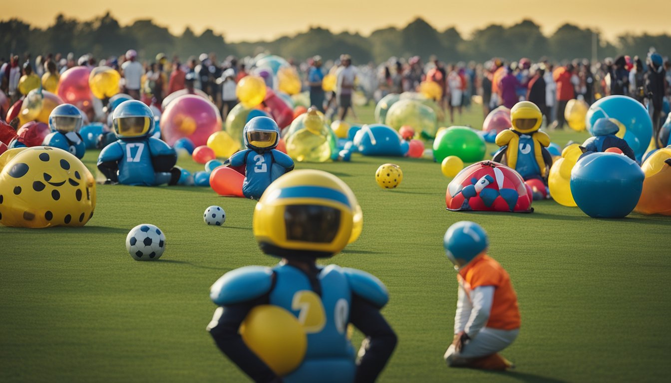 A colorful array of inflatable bubble suits, helmets, and sports equipment scattered on a grassy field, surrounded by excited players and spectators