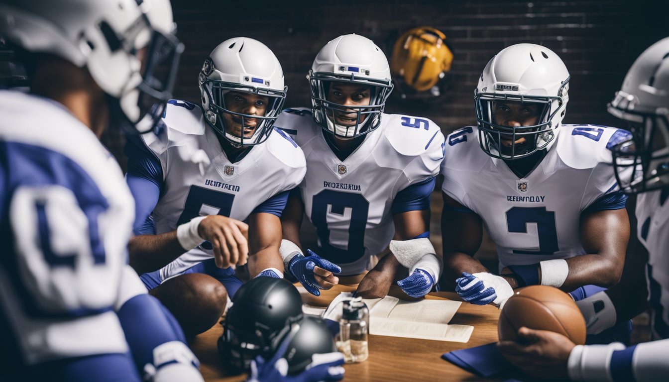 A group of players in bubble suits gather around a checklist of items for game day, including helmets, jerseys, and cleats