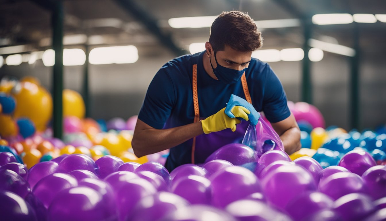 A person carefully cleaning and inspecting a bubble football suit, using a soft brush and mild detergent, then hanging it to dry in a well-ventilated area