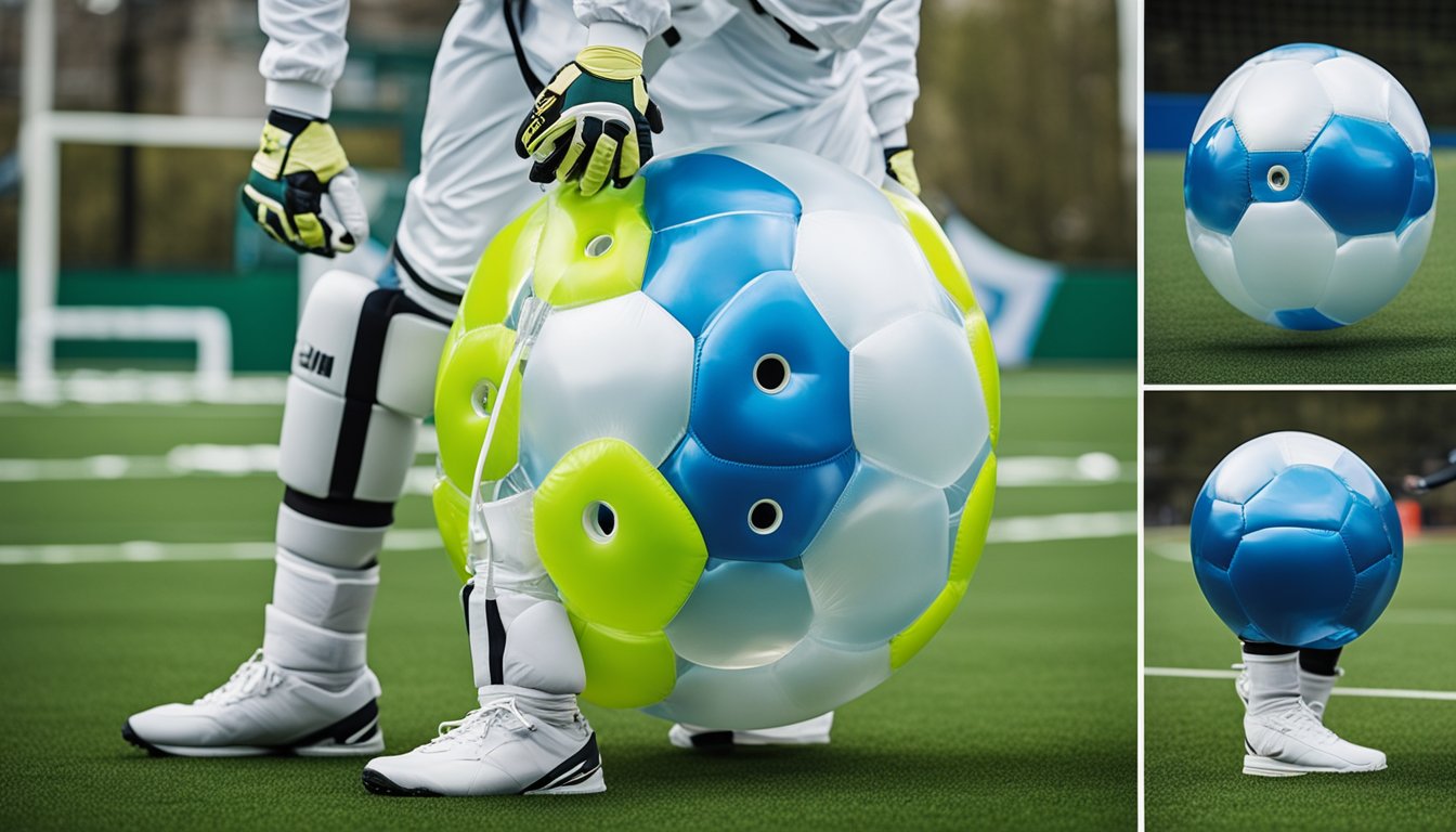 A bubble football suit being repaired and customized with care tips displayed around it for long-lasting use