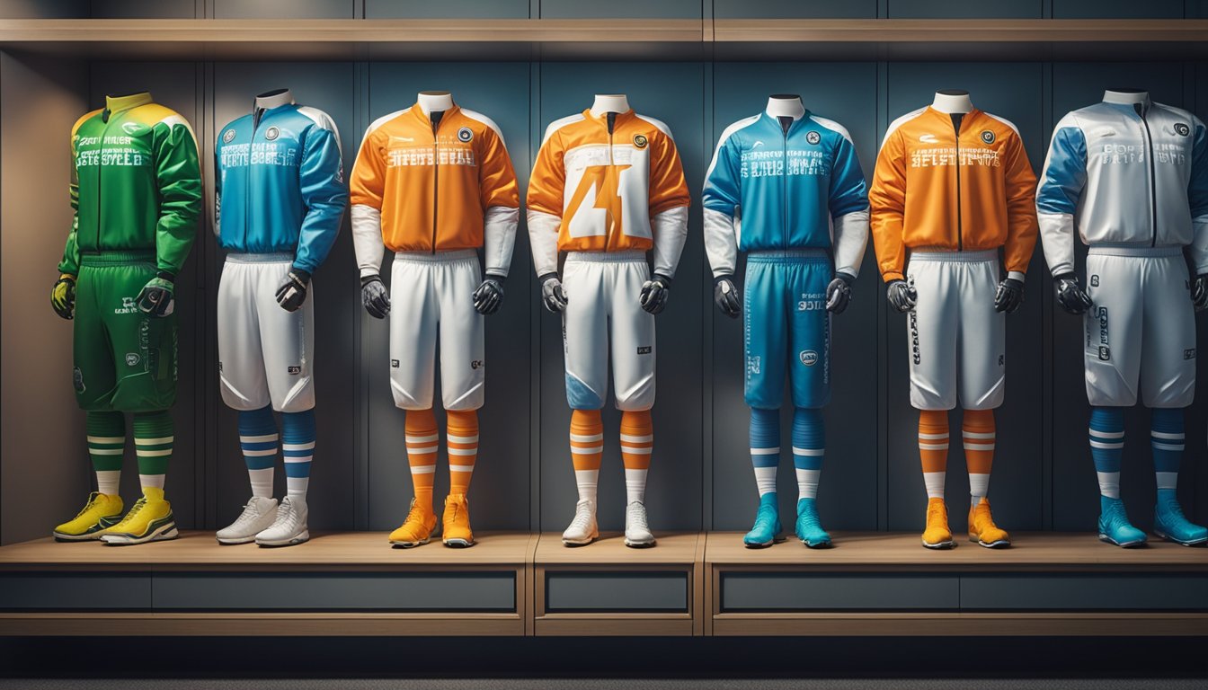 A set of bubble football suits neatly arranged on a shelf, with care instructions displayed in a speech bubble above them