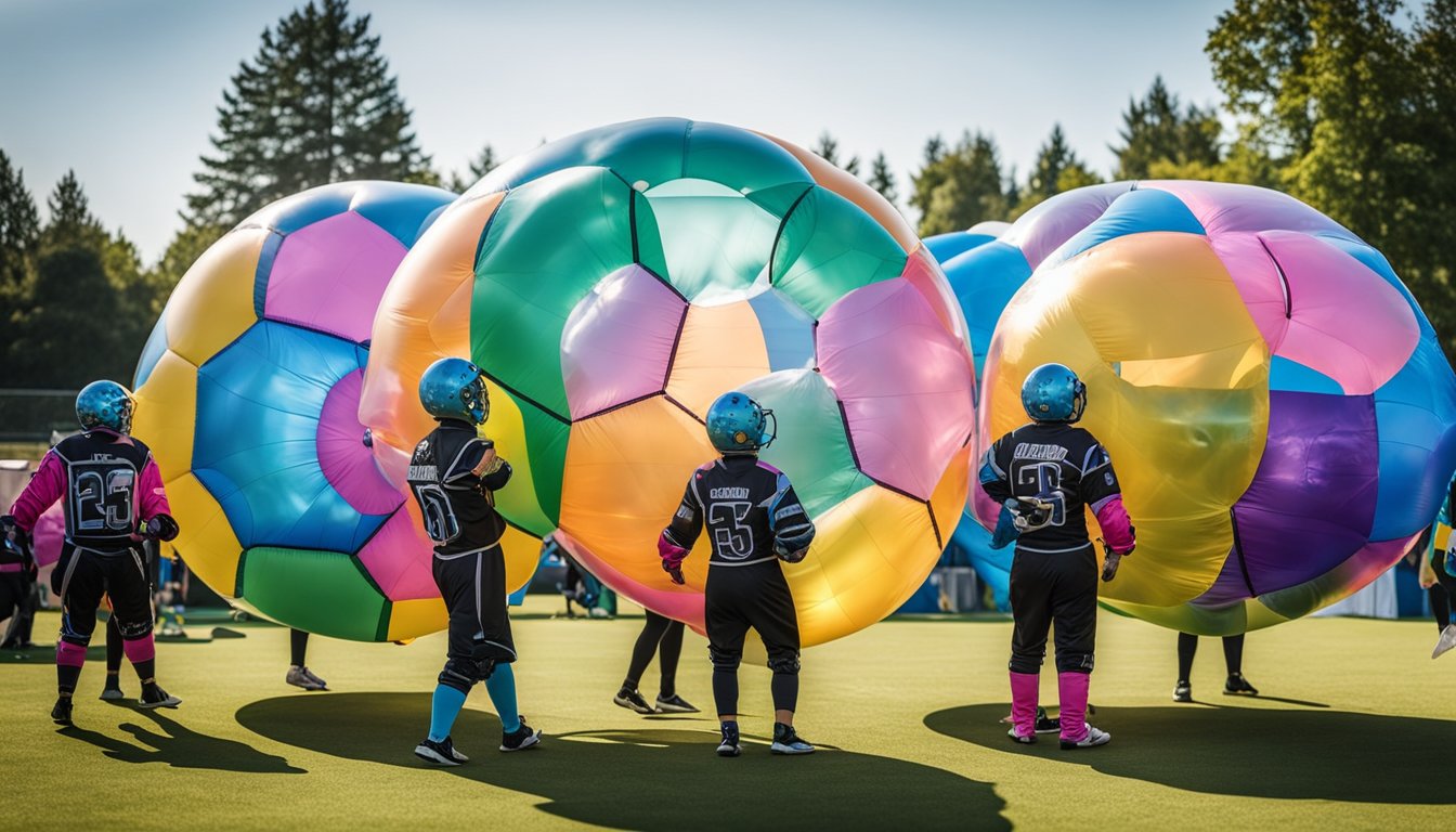 Players customizing their bubble suits with different colors, patterns, and logos before entering the inflatable arena for a personalized bubble football experience