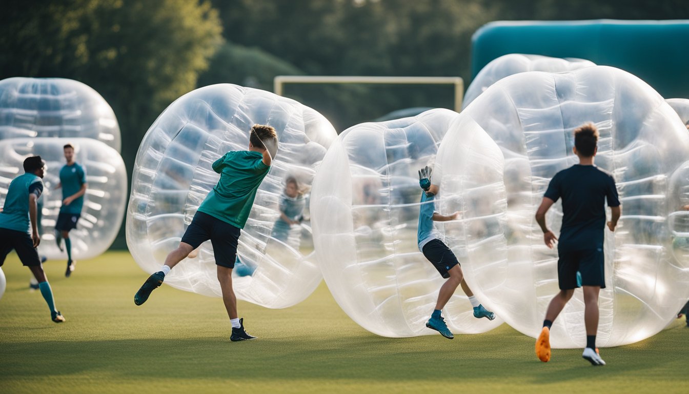 Young athletes play bubble football, colliding and bouncing inside giant inflatable bubbles. They work together, promoting team dynamics and physical health