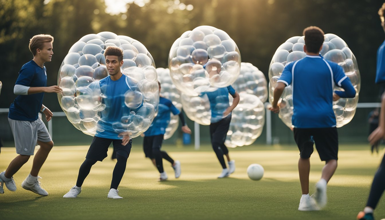 A group of young athletes playing bubble football, with a FAQ bubble floating above them, showcasing the health benefits of the sport