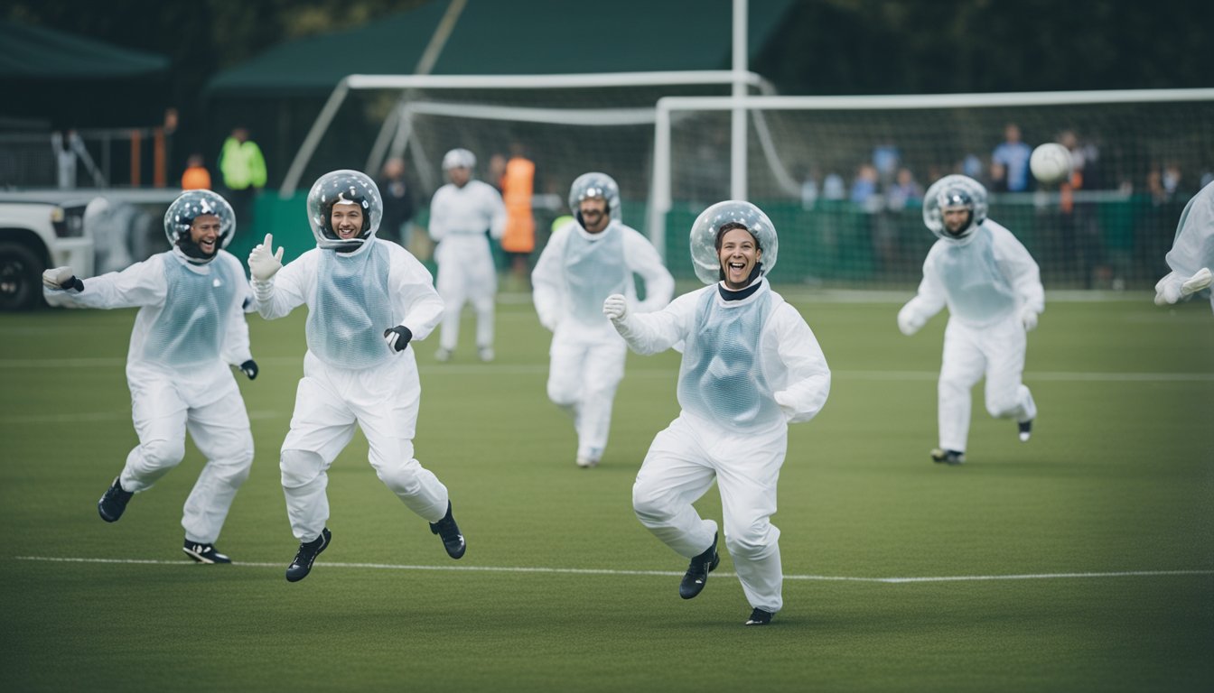 Players in bubble suits collide and bounce around a soccer field, laughing and cheering, as they bond and build team spirit
