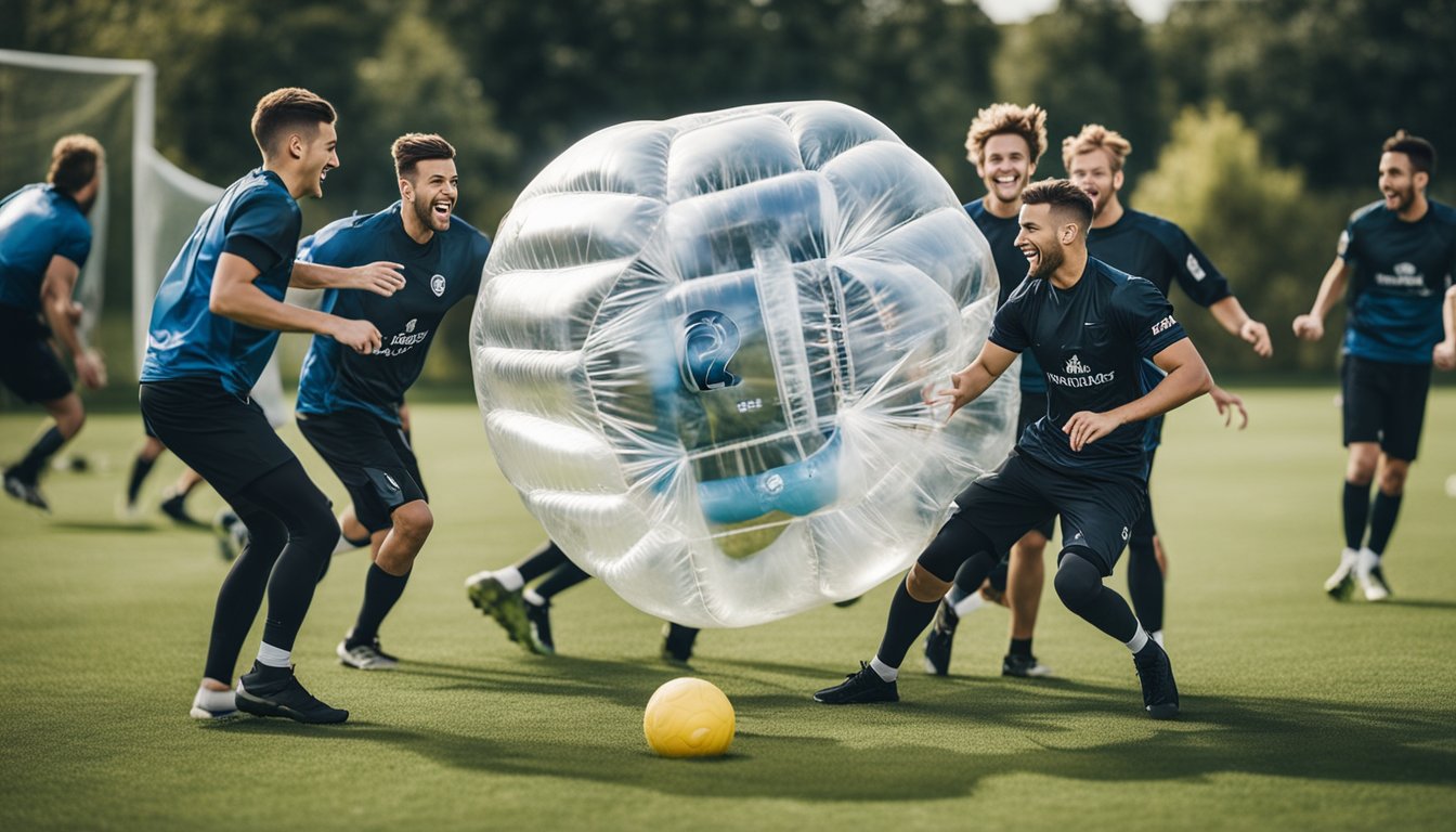 A group of players in bubble football gear, laughing and colliding as they play on a grass field, with a banner in the background advertising "Frequently Asked Questions Creative Ways To Boost Team Spirit With Bubble Football"