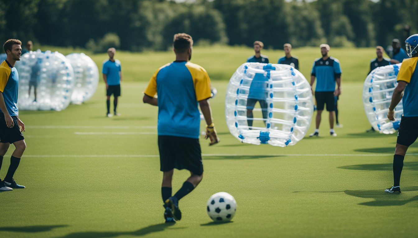 A group of players in bubble football gear engage in a match on a grassy field, while coaches and referees observe and monitor for adherence to safety protocols