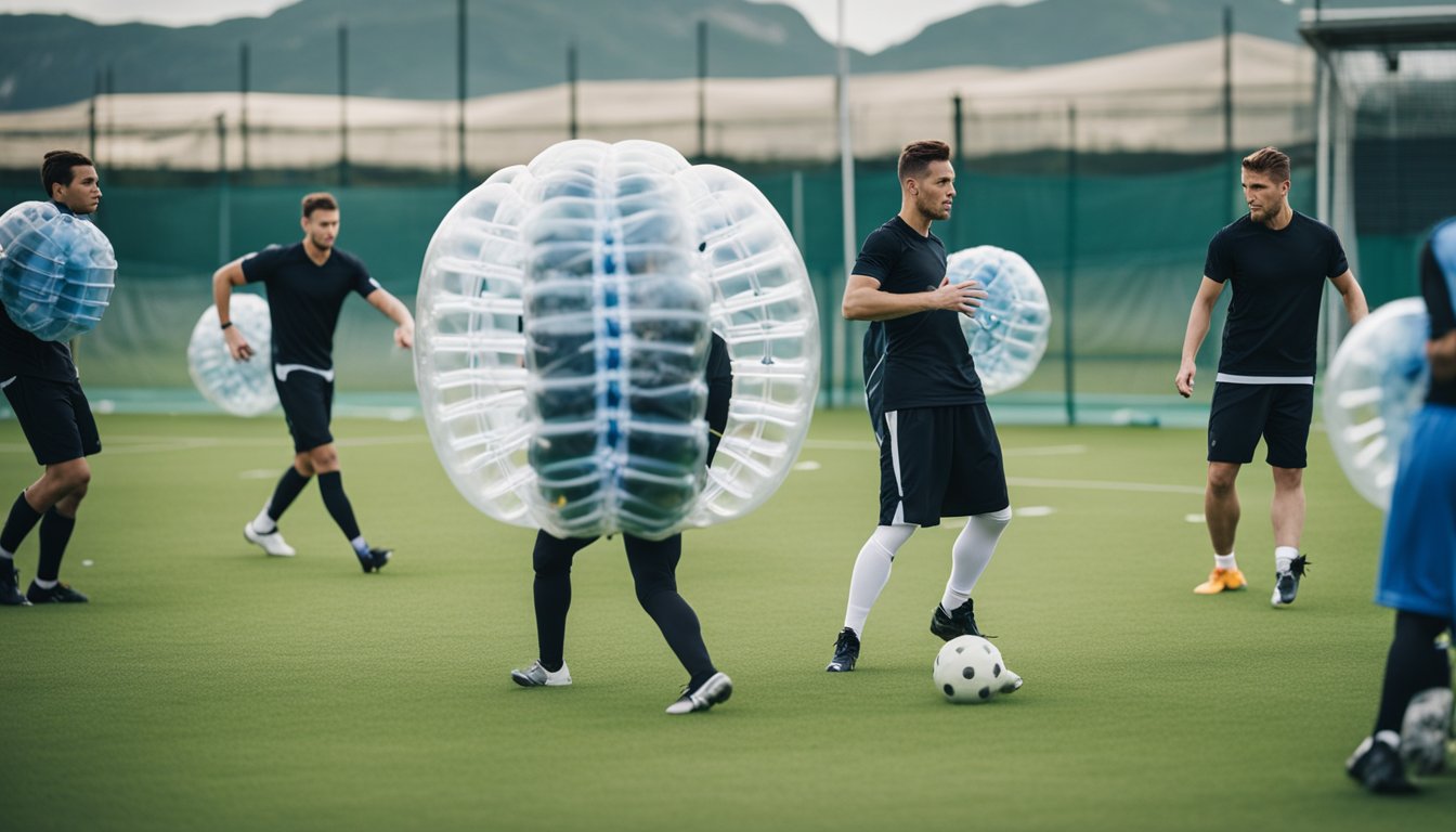 A group of players in bubble football gear practice injury prevention techniques in a field, while a FAQ bubble hovers nearby