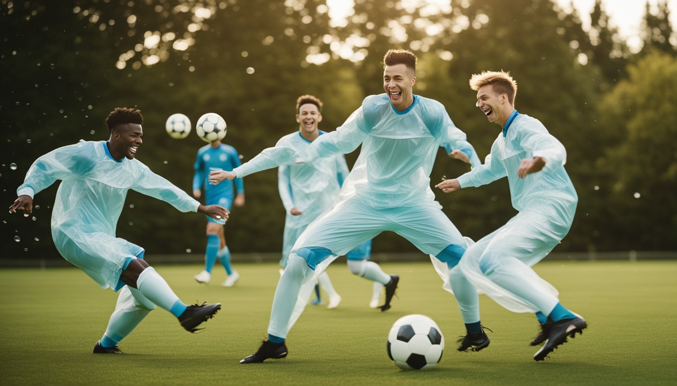 Players in bubble suits collide on a grassy field, bouncing and tumbling while attempting to kick a soccer ball. Laughter and camaraderie fill the air