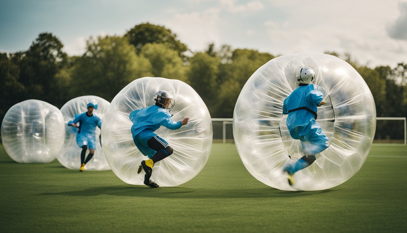 Players in bubble suits play a modified version of soccer, bouncing and colliding across a grass field. The game is fast-paced and chaotic, with players laughing and tumbling inside their inflatable bubbles