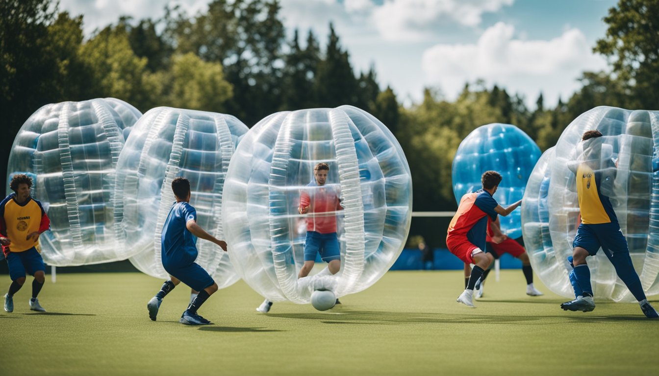 A group of players in bubble suits play a game of bubble football, with variations for beginners