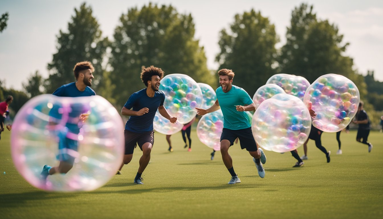 A group of people play bubble football in a large open field, with colorful bubbles bouncing and colliding as they run and laugh