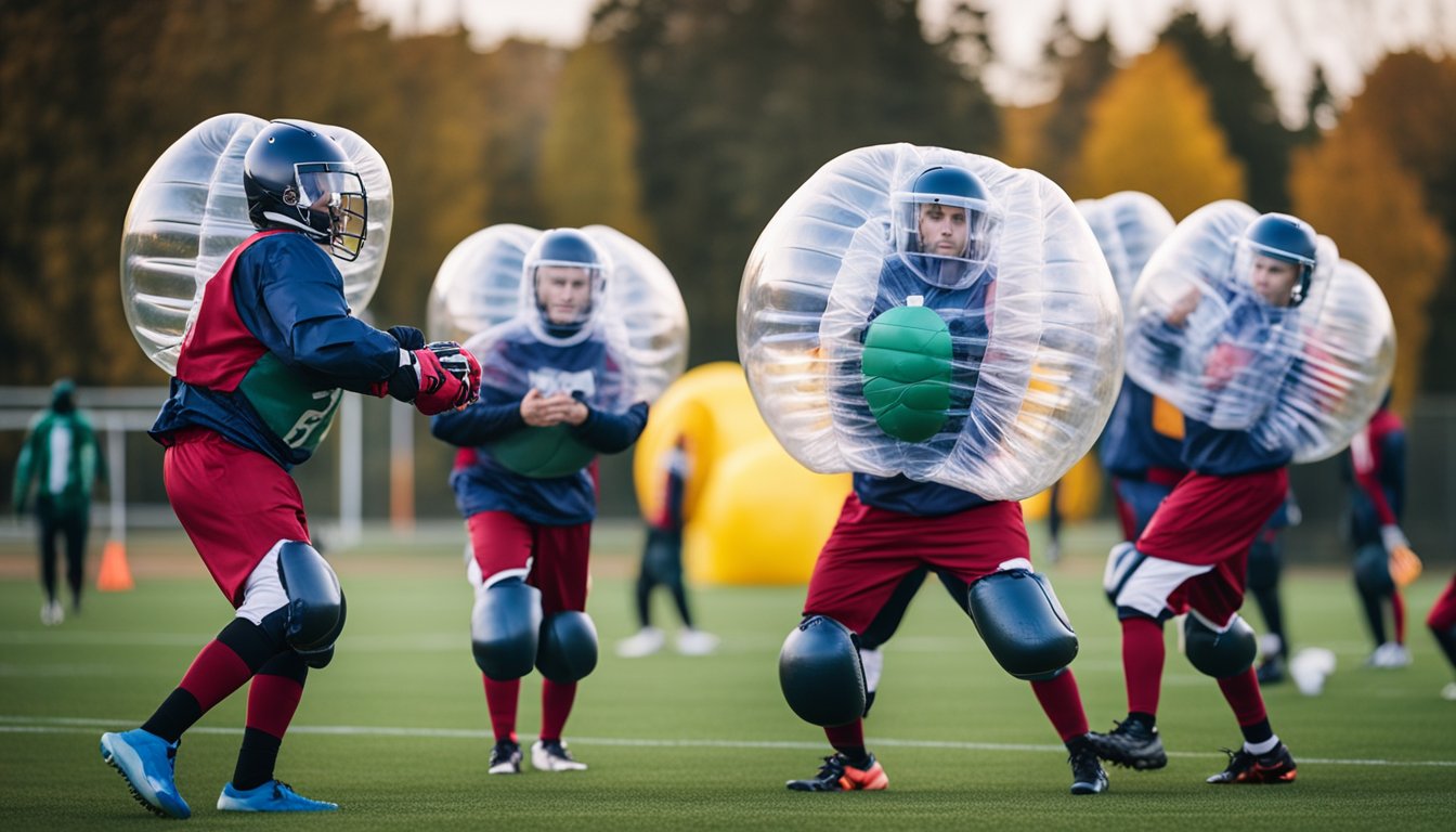 Players in bubble suits strategize on the field, executing advanced tactics in a game of bubble football
