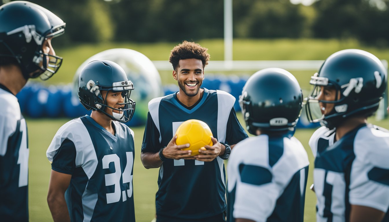 A group of advanced bubble football players strategizing and discussing frequently asked questions